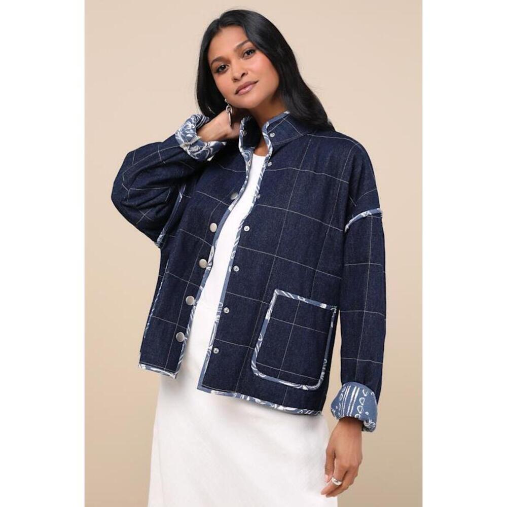 Lulus Cutest Preference Dark Wash Denim Mixed Media Quilted Jacket Blue - Size L